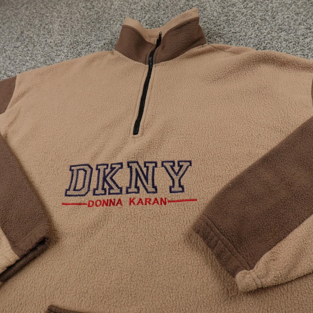 VTG DKNY Sweater Mens One Size Brown Fleece Pullover 1/2 Zip Donna Karan USA 90s